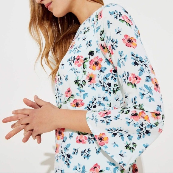 Loft White Mini Floral Tie Back Bell Sleeve Dress - Picture 2 of 4
